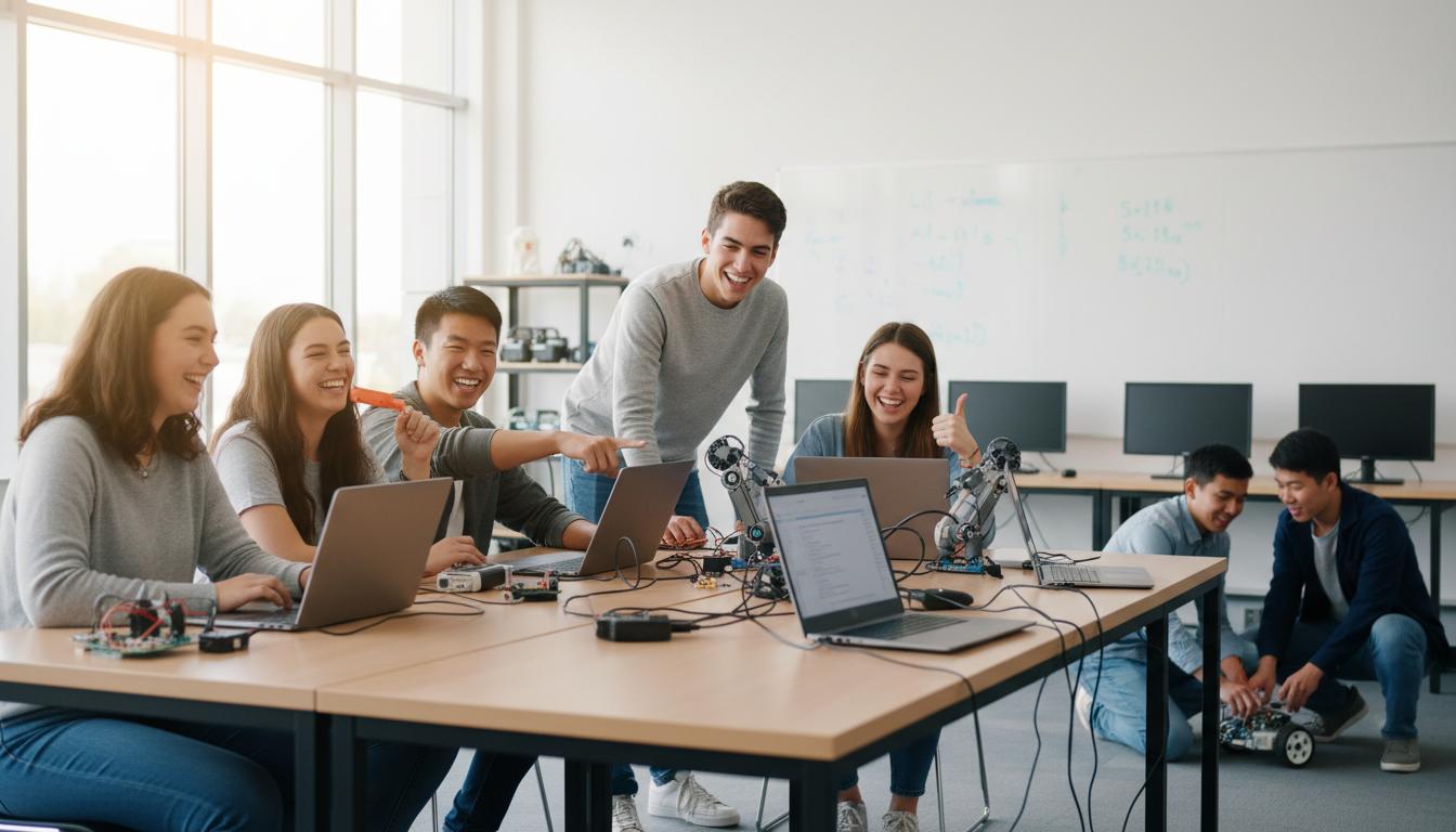 High school students collaborating on tech projects