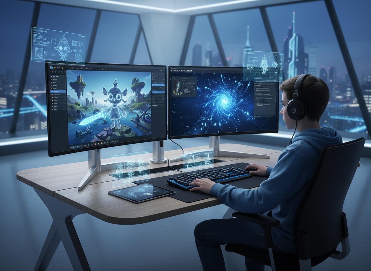 High school student learning AI and 3D game design in a private online lesson